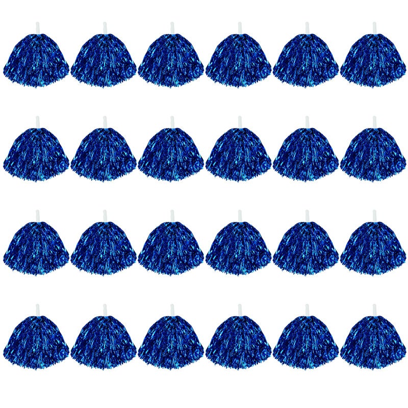 CUGBO 24Pcs Cheerleading Pom Poms, 1 Dozen Handle Metallic Foil Flower Ribbons Cheerleader Pompoms, Kids Children Ball Dance Sports Coaches Game Party Fancy (Blue) - Image 1